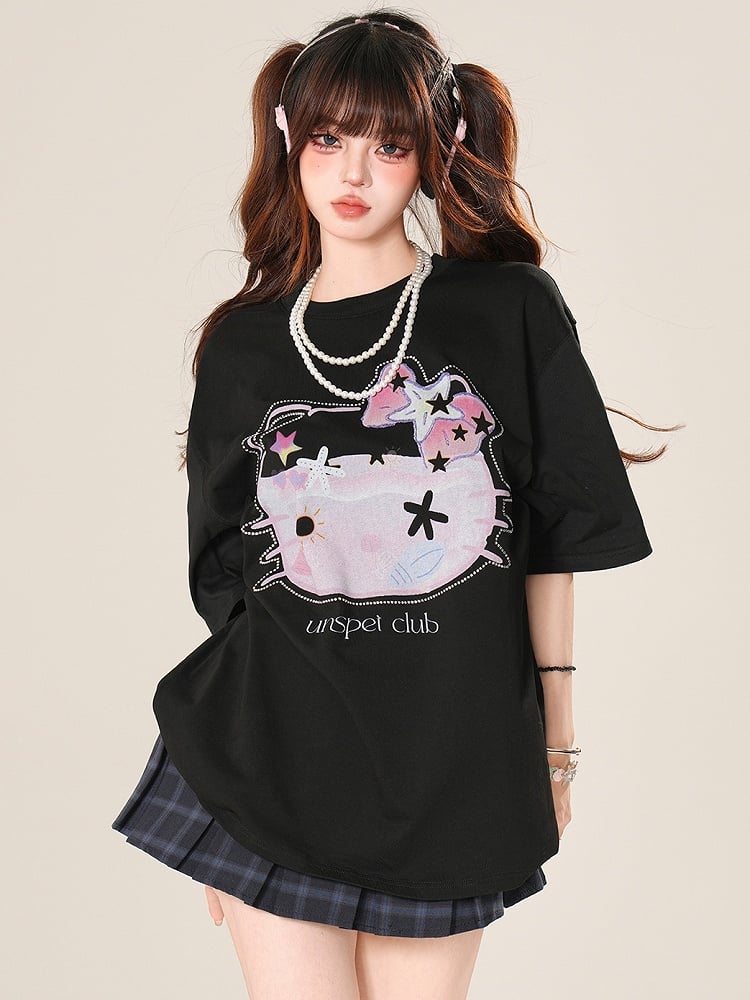 T-shirt Gray/Black Rhinestone Necklace Kitty Beaded Decorated With Daily Print Kawaii