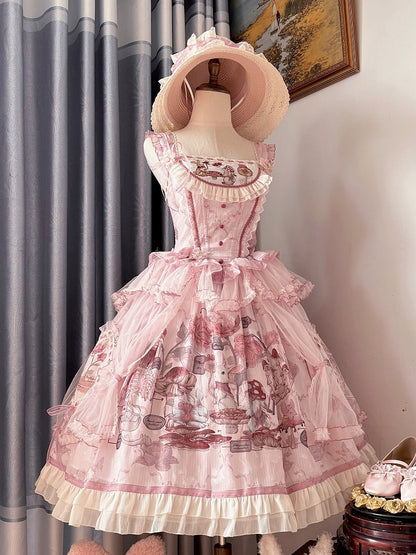 Pink Bunny Basque Waist Mushroom Skirt Princess and Jumper Lolita Print