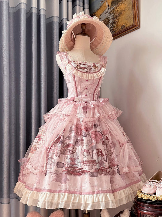 Pink Bunny Basque Waist Mushroom Skirt Princess and Jumper Lolita Print