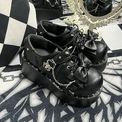 Y2K Matte Black Stud Bowknot Spider Punk Platform Shoes