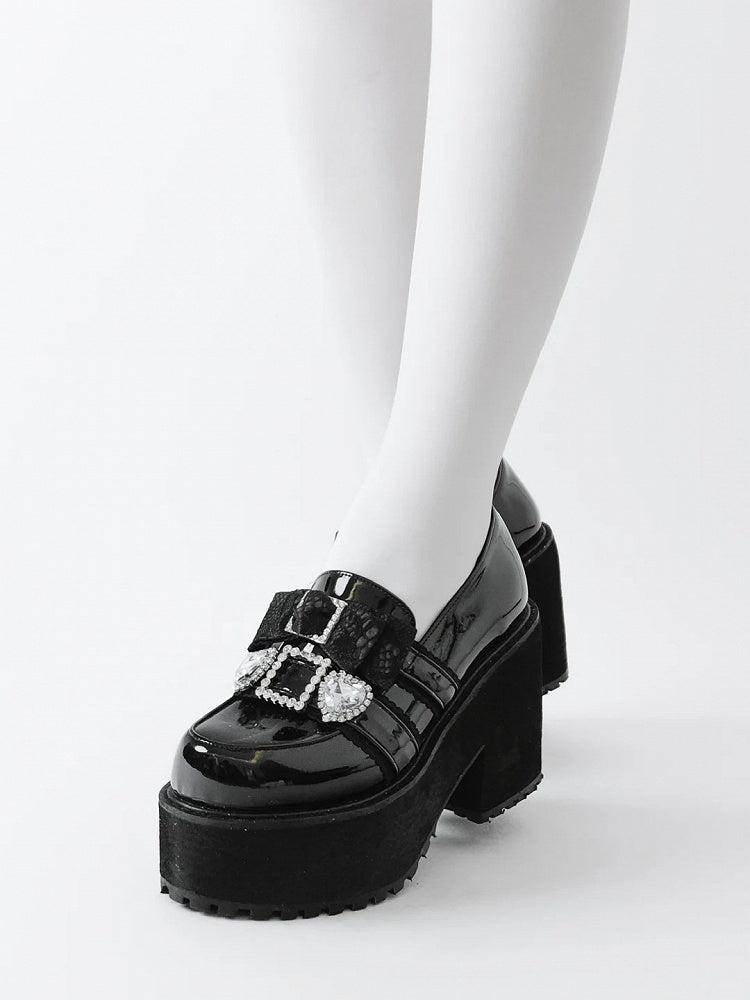 Jirai 10cm Pointed-Toe Loafers Polished Black Rhinestone Kei in Bow Platform with Heel Sweetheart