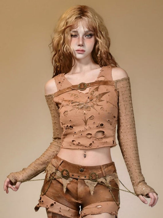 Studs Shoulder Wasteland Buckle Cutout Punk Accents Top Brown Light Decorated