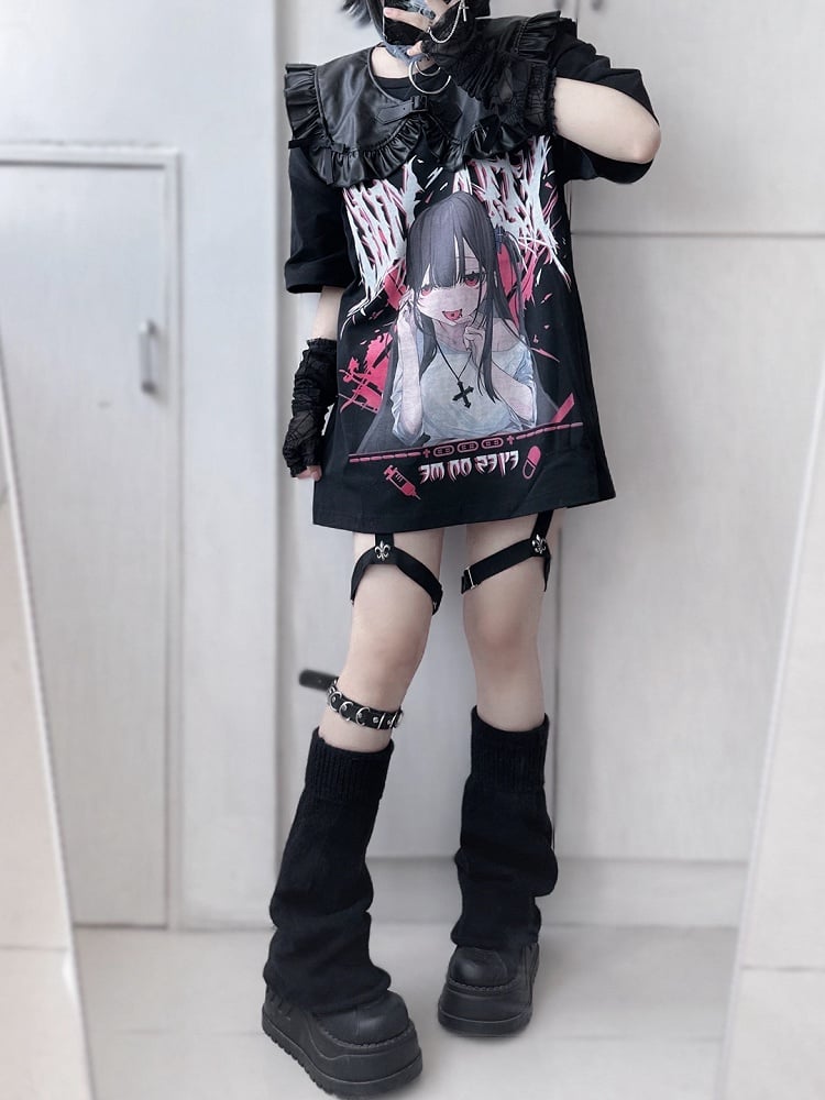 Jirai Kei Black Anime Girl Yami Kawaii T-shirt with Fake Collar Set