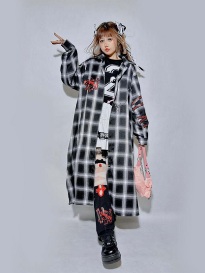 Black&Gray Plaid Pattern Kitty and Panda Pin Chain Shirt+White Brain Knitted Long Cardigan