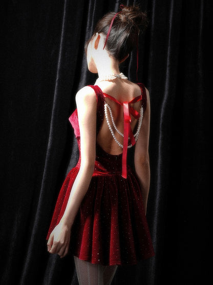 Rhinestones Embellishments Christmas Wine Red Backless Dress Bead Details