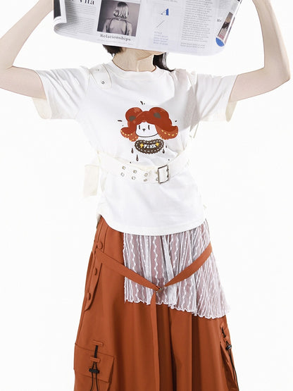 White Cartoon Print T-Shirt with Detachable Buckle Strap