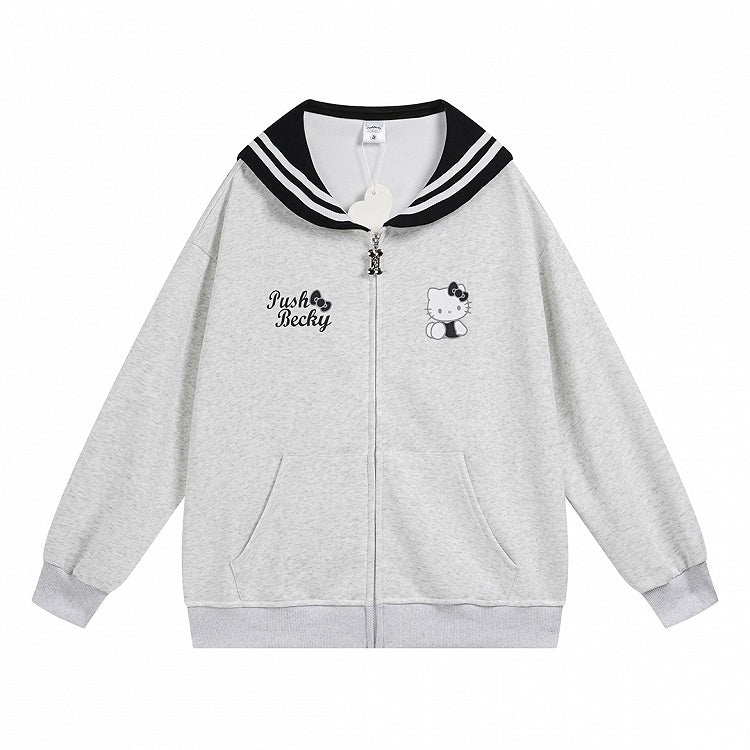 Pink/Light Blue/Grey/Black Kitty Print Sailor Collar Zip Closure Thick Sweatshirt