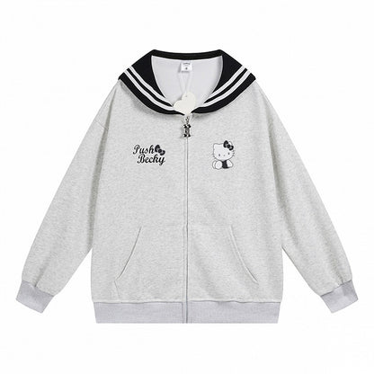 Pink/Light Blue/Grey/Black Kitty Print Sailor Collar Zip Closure Thick Sweatshirt