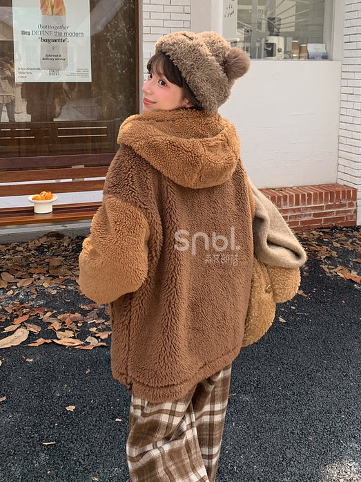 Brown Cute Puppy Pocket Design Fleece Zip Hoodie