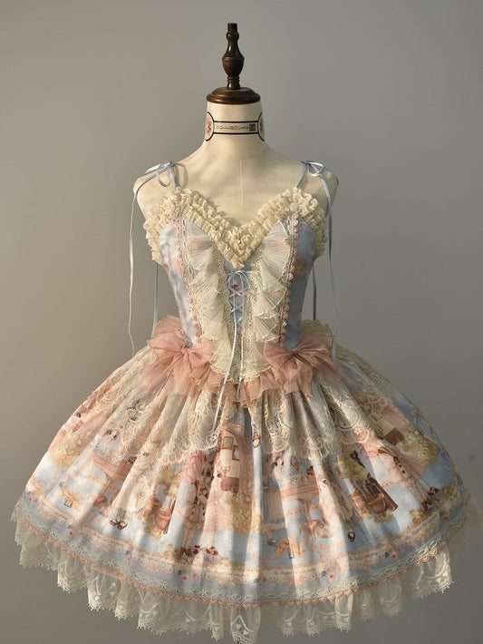 Baby Jumper Mieder Tea Party Print Kitty Kleid Blau Rock Korsett Sweet Lolita
