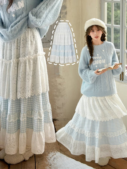 Jupe Mori Kei à carreaux en patchwork de dentelle bleue et blanche à taille haute