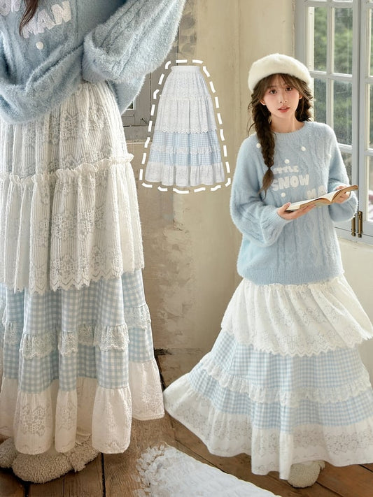 Jupe Mori Kei à carreaux en patchwork de dentelle bleue et blanche à taille haute