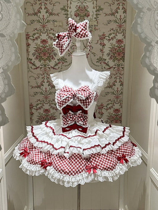 and Hem Scalloped Dress Edge with Sweet Skirt Pattern Lolita Gingham Tiered White Trim Red