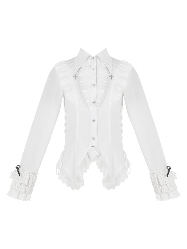 White Lace Trim Hemline Cross Charm Collar Ouji Lolita Shirt