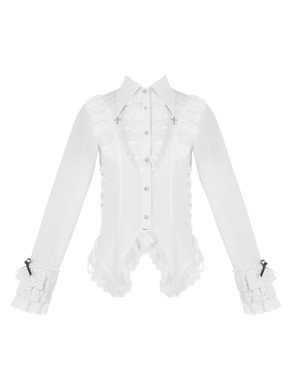 White Lace Trim Hemline Cross Charm Collar Ouji Lolita Shirt