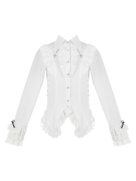 White Lace Trim Hemline Cross Charm Collar Ouji Lolita Shirt