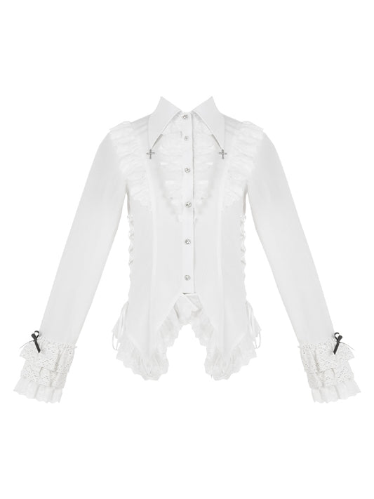 White Lace Trimming Cross Charm Collar Ouji Lolita Shirt