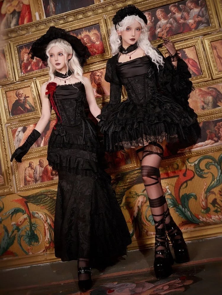 Black Drawstring Detail Gothic Lolita Layered Skirt