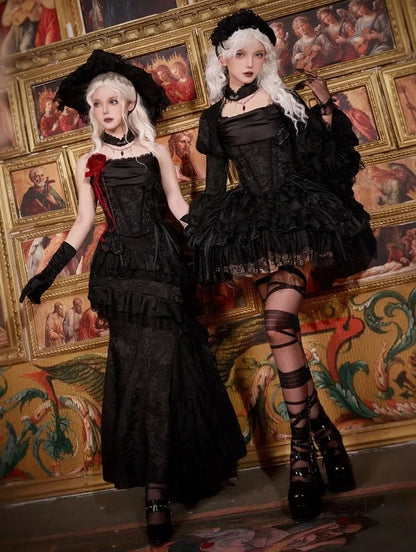Black Drawstring Detail Gothic Lolita Layered Skirt