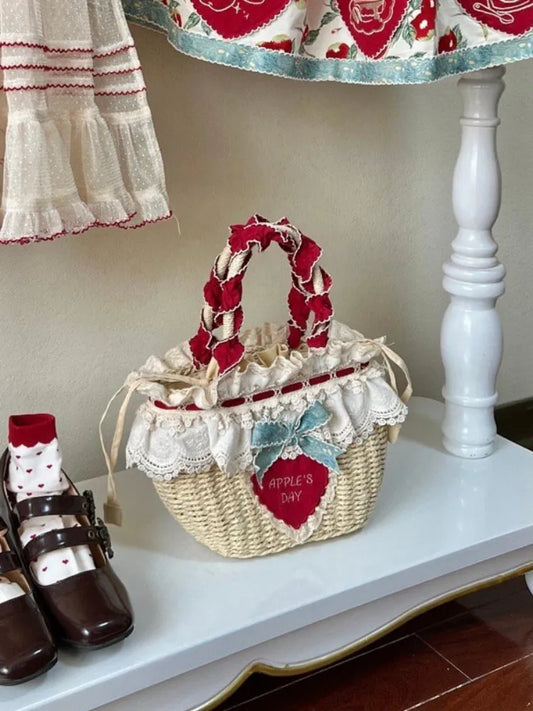 Red Heart Applique Cottagecore Straw Bag
