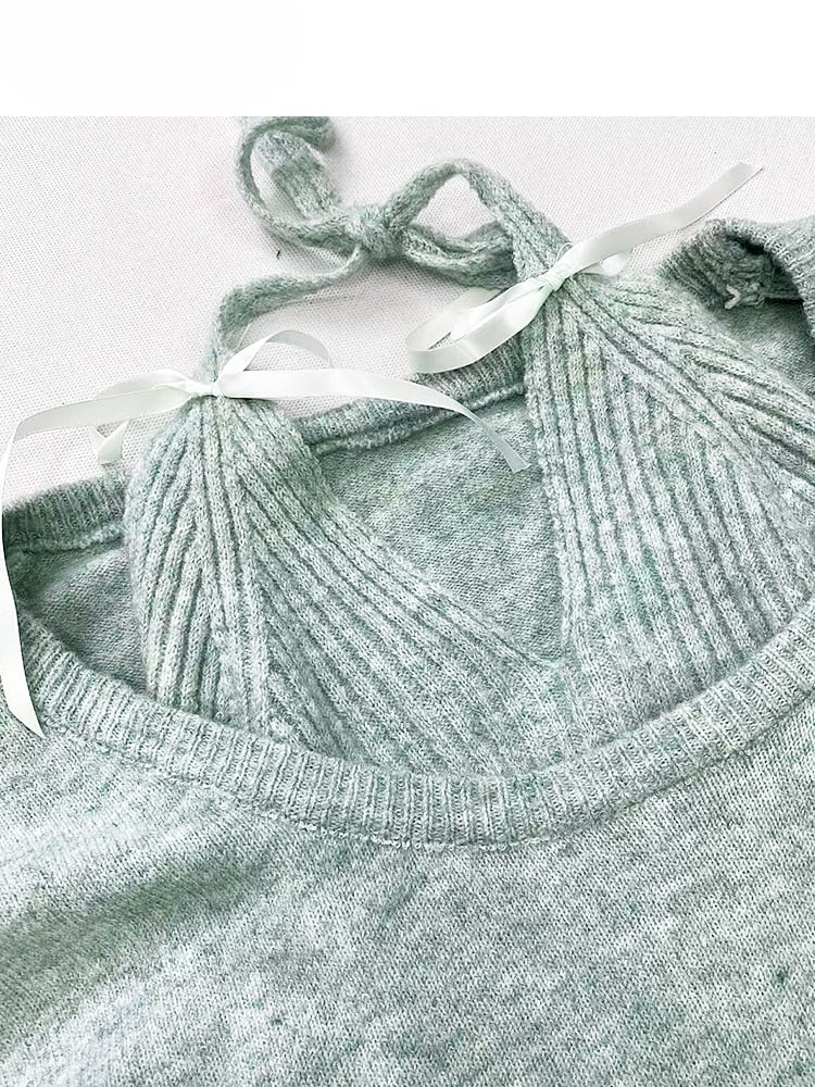 Mint Green Halter Neck Fake Two-Pieces Knitted Sweater