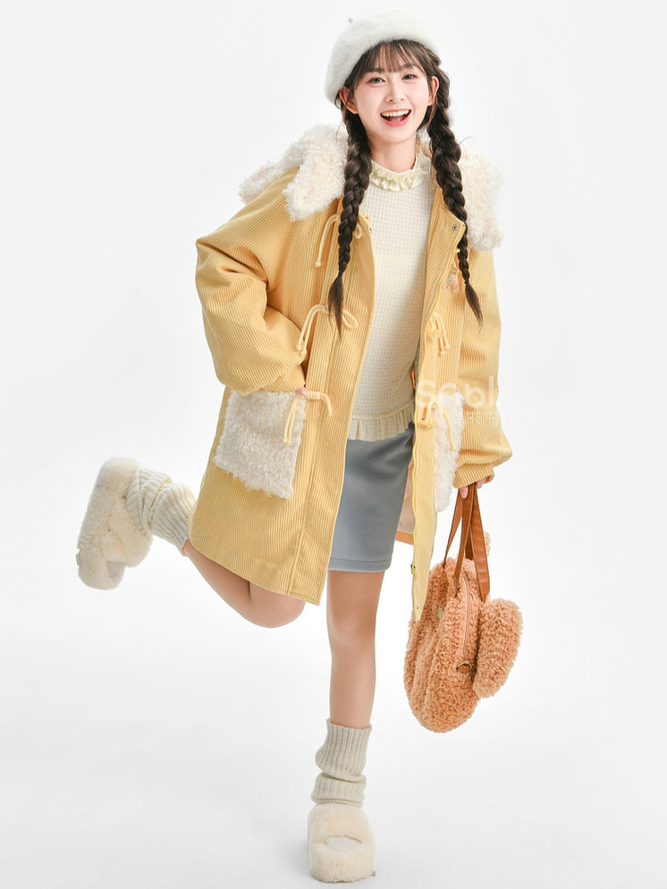 Milk Yellow Cute Lamb Hood Hooded Corduroy Duffle Coat
