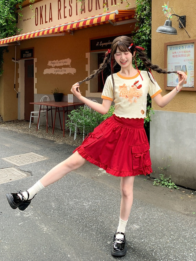 Yellow Cartoon Animal Print Heart Cutout Short Version T-Shirt with Apple Brooch