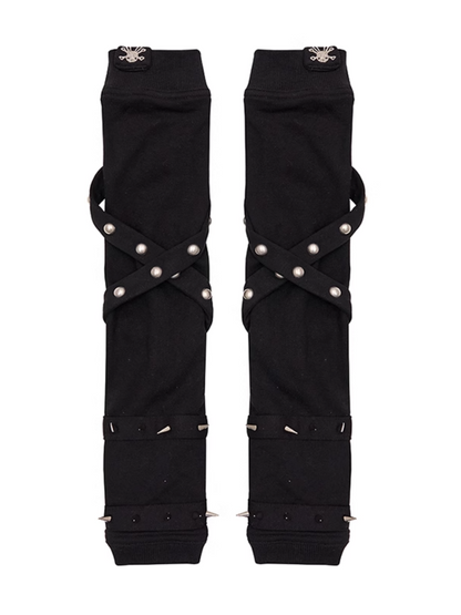 Criss-cross Straps Studded Gloves Black/Gray/Pink