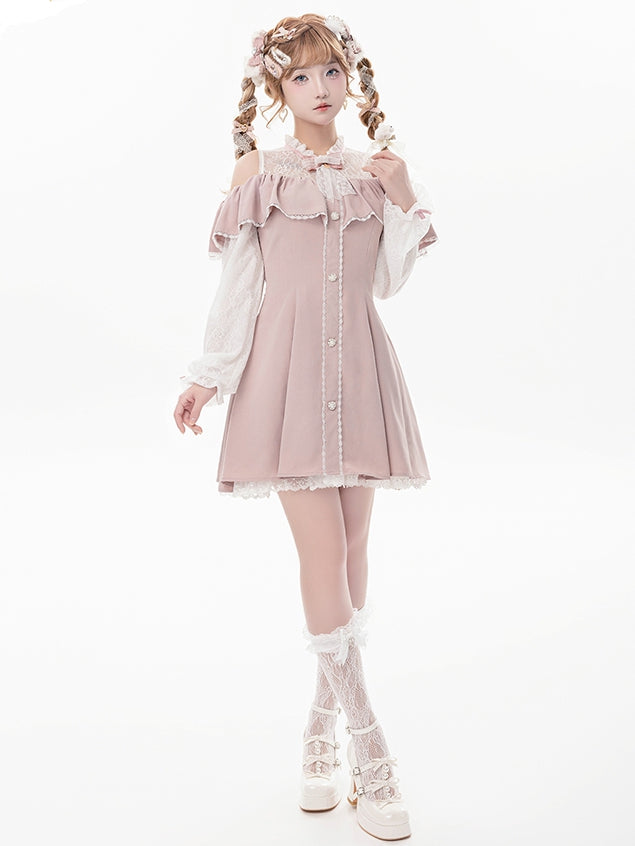 Pink Illusion Neckline Cutout Shoulder Jirai Kei Long Sleeves Dress with Bow Tie