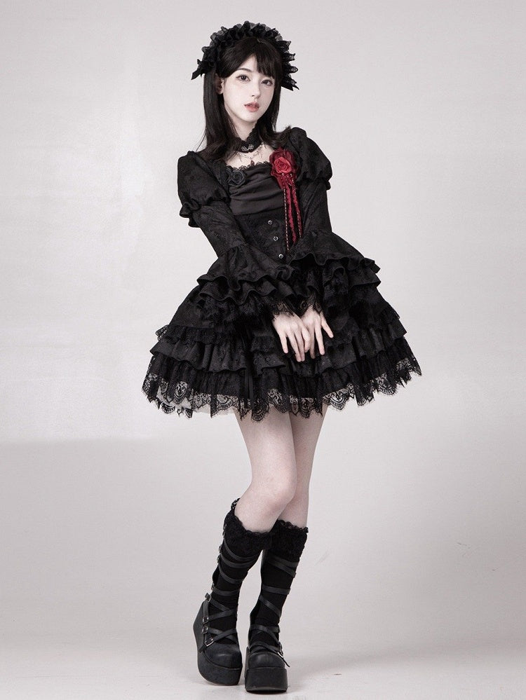 Black Drawstring Detail Gothic Lolita Layered Skirt