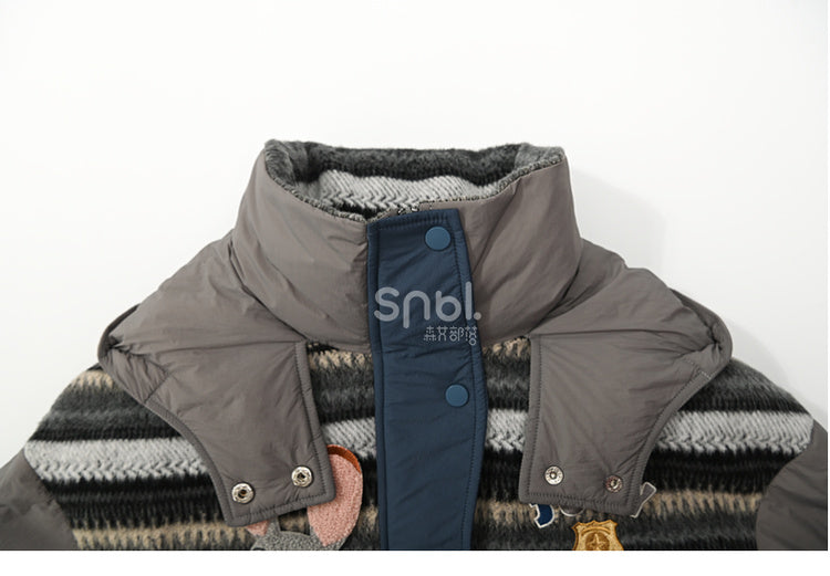 Patchwork Design Grey Hooded Down Jacket