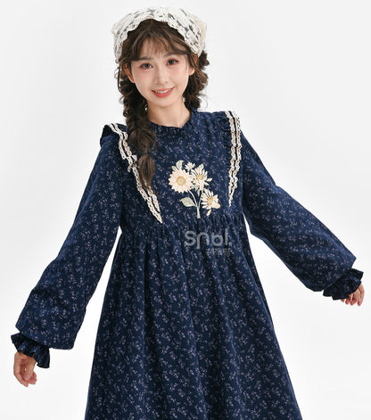 Dark Blue Floral Ruffle Neckline Mori Kei Floral Dress