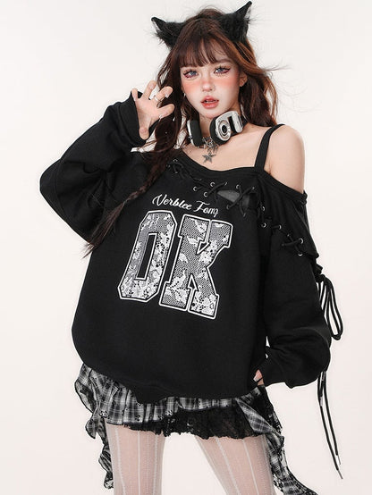 Lace Letter Appliques Black Sweatshirt Lace-up Detail