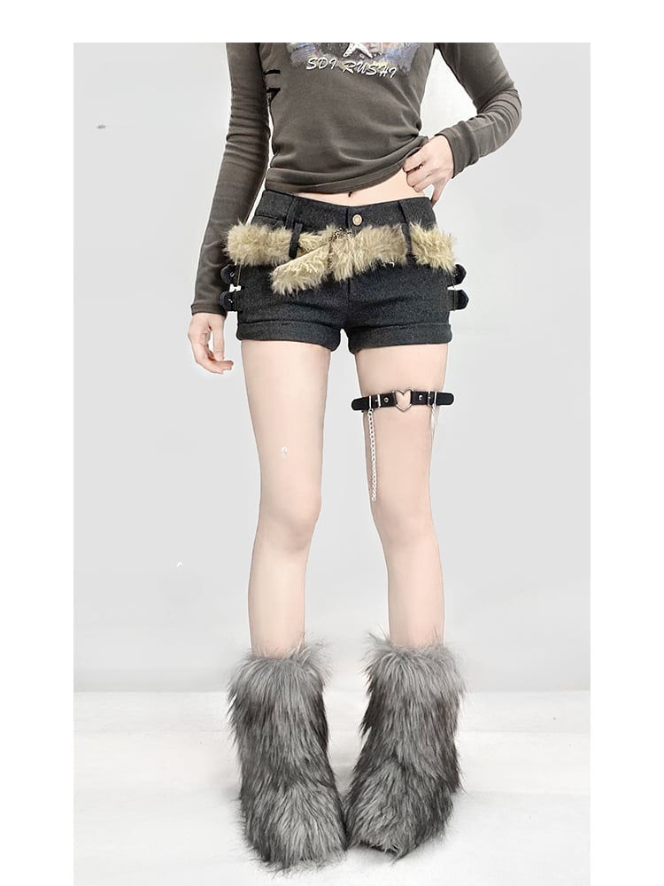 Grey Rolled Cuffs Shorts with Shaggy Waist Belt