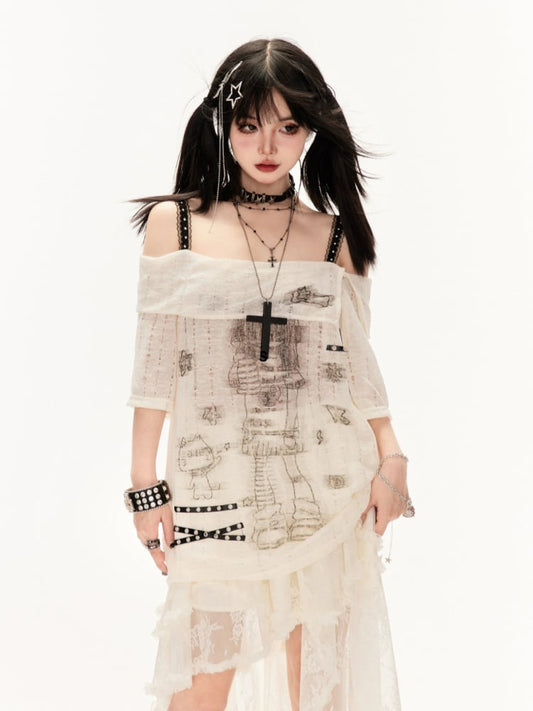 Apricot/Black Off-the-shoulder Criss-Cross Straps Cartoon Girl Print Coverup