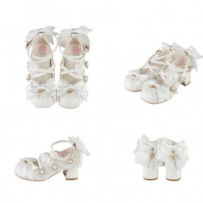 Lolita Crisscross Schnalle Heels 5CM Bowknot Design Details Herz Schuhe Block Weiß Straps Süße