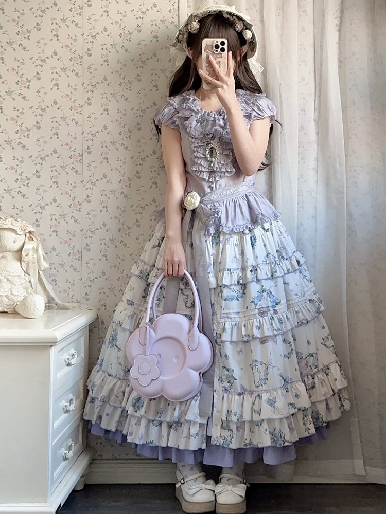 Kitty and Floral Print Front Button Placket  Pink House Style Lolita Skirt