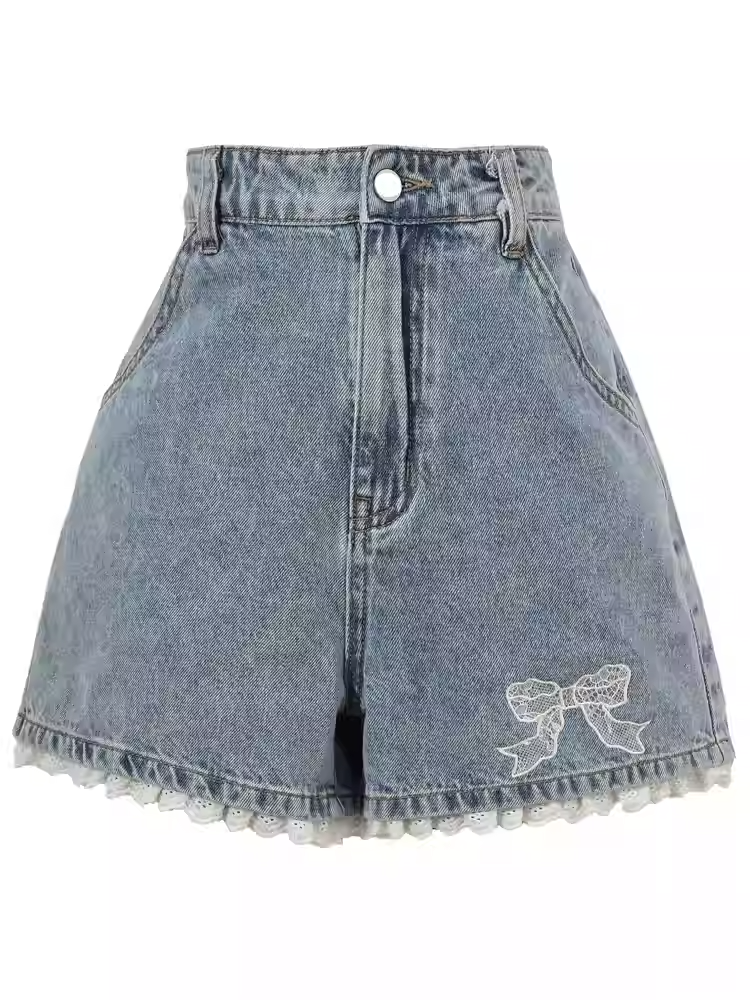 Blue Bowknot Embroidery Cuff Lace Trim Denim Shorts