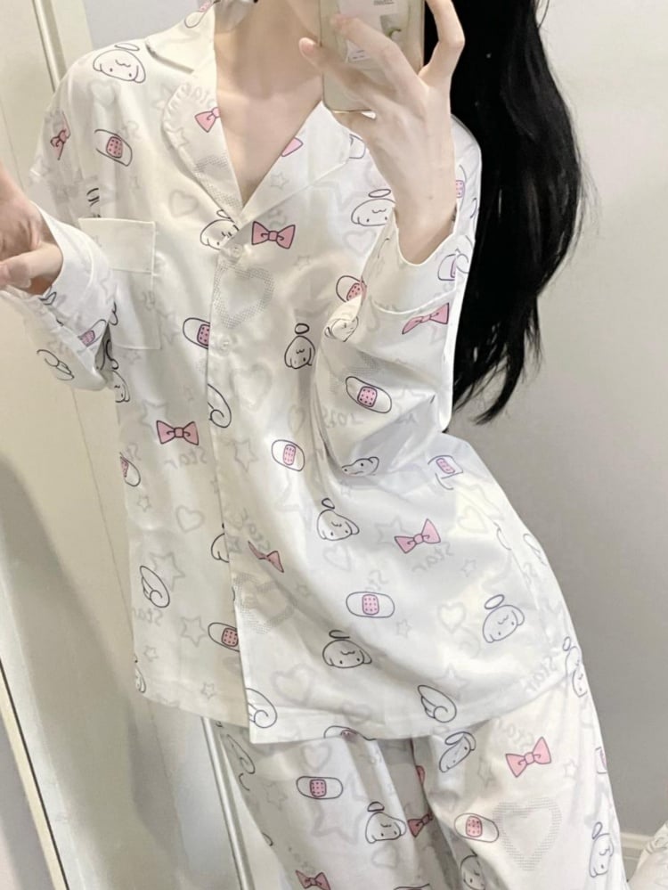 White Pink Angel Print Pajama Set