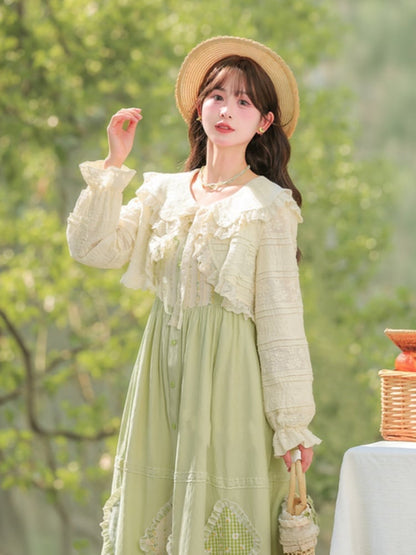 Beige Ruffled Trim Open Placket Lace Top