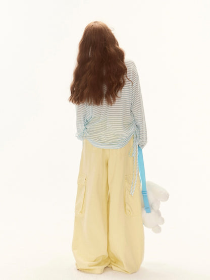 Yellow Drawstring Waist Wide-Leg Cargo Pants