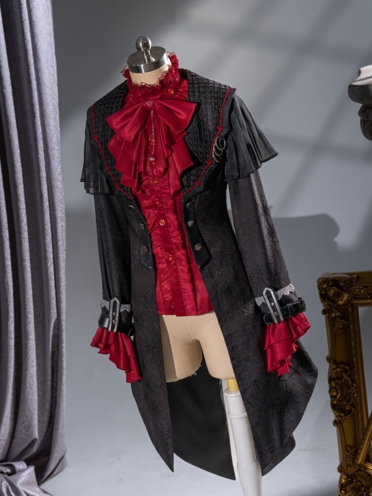 Red Ruffled High Neck Ouji Lolita Long Sleeves Shirt with Jabot Tie