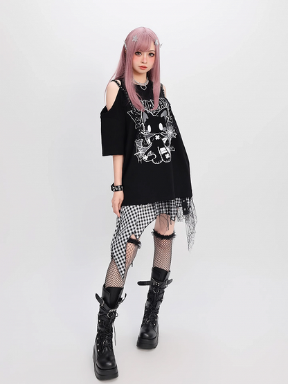 Cat Print Loose T-Shirt Y2K Black Cutout Shoulder Bittersweet