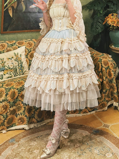 Blue Bunny Layered Embroidered Scallop Trim Hem Lolita Skirt