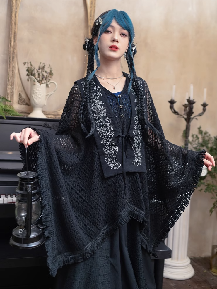 Tassel Embroidery Hem Black Cheongsam Cape Cardigan Style Detachable Seahorse with and Collar Hollow-out Coral