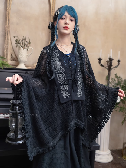 Tassel Embroidery Hem Black Cheongsam Cape Cardigan Style Detachable Seahorse with and Collar Hollow-out Coral