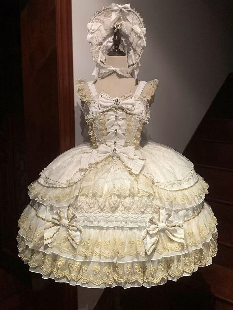 Jumper Skirt Bow Chain Neckline White Bead Dress Princess Gorgeous Lolita