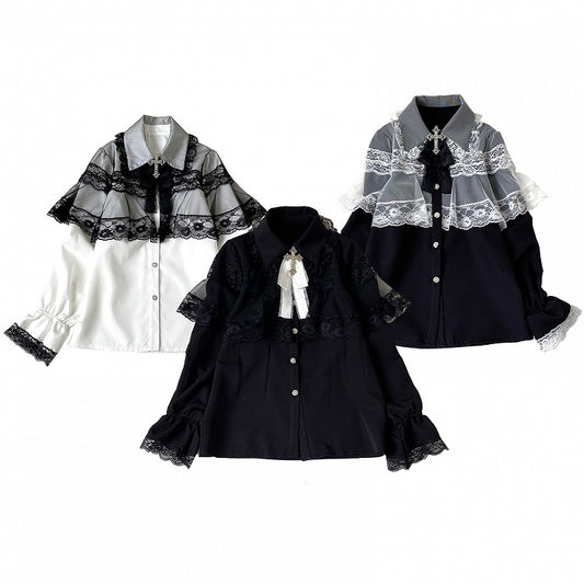 Jirai Kei White&Black/All Black Lace Cape Design Landmine Style Blouse