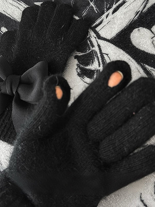 Pads Black Details Gothic Bowknot Finger Cutout at Gloves