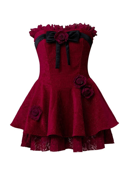Roses Embellishments Christmas Wine Red Strapless Dress with Plush Shawl Set
